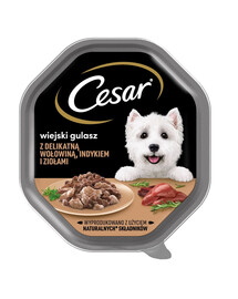 CESAR 150 g kompletné krmivo pre dospelých psov v omáčke s jemným hovädzím, morčacím mäsom a bylinkami