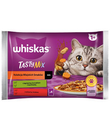 WHISKAS kapsička pre dospelé mačky 4x85g Country Flavors Collection krmivo pre mačky v omáčke s kúskami jahňacieho, kuracieho a mrkvy, hovädzieho a hydinového mäsa
