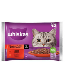 WHISKAS Adult kapsička 4x85g Classic Meals krmivo pre dospelé mačky v omáčke s: hovädzím mäsom, kuracím mäsom