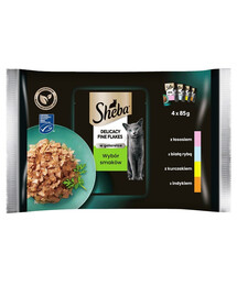 SHEBA Fine Flakes in Jelly kapsička - krmivo pre mačky v želé (s bielou rybou, lososom, morkou, kuraťom) 4x85g