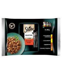 SHEBA Selection in Sauce Juicy Flavors kapsička - krmivo pre mačky v omáčke (s hovädzím, jahňacím, kuracím, morčacím) 4x85g