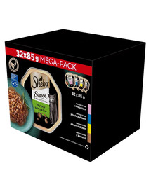 SHEBA Sauce Collection 32×85 g Vaničky v omáčke s lososom, tuniakom, kuracím mäsom a kačicou