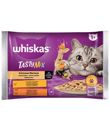 WHISKAS Adult kapsička 4x85g Krémové krmivo pre dospelé mačky v omáčke s: kuracím mäsom a zeleninou, jahňacím a morčacím mäsom