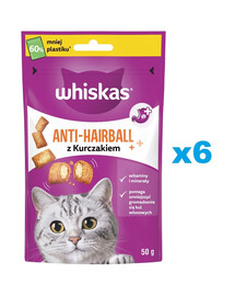 WHISKAS Anti-Hairball 6x50 g maškrty proti tvorbe bezoárov pre dospelé mačky