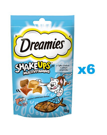 DREAMIES ShakeUps Multivitamins 6x55g pochúťka z morských plodov pre mačky s príchuťou lososa, tuniaka a kreviet