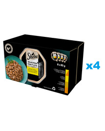 SHEBA Selection Hydinové príchute 32x85 g kompletné krmivo pre dospelé mačky v omáčke kúsky s kuracím a morčacím, kuracím, hydinovým, morčacím