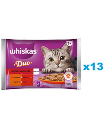 WHISKAS Adult vrecúško 52x85g zostava klasického  krmivo pre mačky v kúskoch želé s hovädzím a hydinovým mäsom, jahňacinou a kačacou