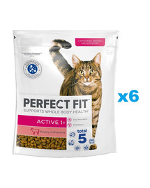 PERFECT FIT Active 1+ 6x750 g kompletné suché krmivo pre dospelé mačky s vysokým obsahom hovädzieho mäsa
