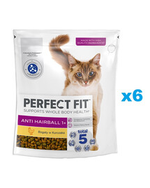 PERFECT FIT Antihairball 1+ 6x750 g kompletné suché krmivo pre dospelé mačky bohaté na kuracie mäso