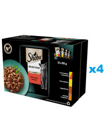 SHEBA Selection Šťavnaté príchute vrecúška 48x85 g kompletné krmivo pre dospelé mačky v kúskoch omáčky s kuracím a hovädzím mäsom, kuracím, jahňacím, kačacím a morčacím mäsom