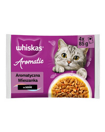 WHISKAS Adult Aromatic Mixed 4x85g vrecká kompletné mokré krmivo pre dospelé mačky, v omáčke s kúskami: glazovaného bravčového mäsa a mrkvy, s kúskami morských rýb vo vývare