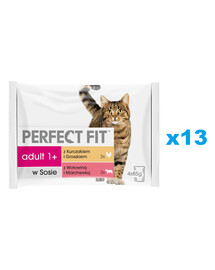 PERFECT FIT Adult 52x85g vrecko krmiva pre mačky v omáčke s kuracím mäsom a hráškom, s hovädzím mäsom a mrkvou