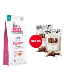 BRIT Care Grain-free Puppy karma sucha z łososiem 12 kg + WOOLF Chicken And Rawhide Twister 2 x 100g suszona skóra owinięta kurczakiem GRATIS