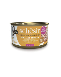SCHESIR Tuniak s kuracím mäsom a ryžou vo vývare pre mačky 85 g
