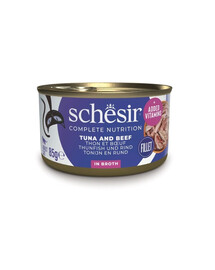 SCHESIR Tuniak s hovädzím mäsom a ryžou vo vývare pre mačky 85 g