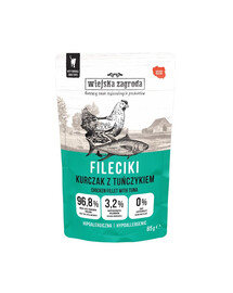 WIEJSKA ZAGRODA Mokré krmivo pre mačky s kuracím mäsom a tuniakovými filetmi 85 g