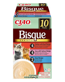 INABA Cat Ciao Bisque Variety 10x40g mix polievok s tuniakom, hovädzím a kuracím mäsom pre mačky