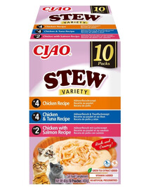 INABA Cat Ciao Stew Creamy Variety 10x40g mix maškŕt s kuracím, tuniakovým a lososovým mäsom v krémovej omáčke