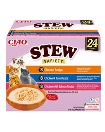 INABA Cat Ciao Stew Creamy Variety 24x40g mix maškŕt s kuracím, tuniakovým a lososovým mäsom v krémovej omáčke