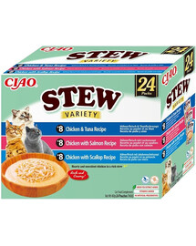 INABA Cat Ciao Stew Creamy Variety 24x40g mix maškŕt z kuracím, rybím a mušľovým mäsom v krémovej omáčke