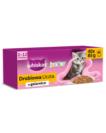 WHISKAS Junior Hydinové hody 40x85g krmivo s kuracím, kačacím, hydinovým a morčacím mäsom v želé pre mačiatka