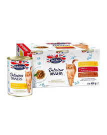 Delicious Dinners Cat Meaty selection v želé 6x400g kúskov v želé s kuracím, hovädzím a divým mäsom pre mačky