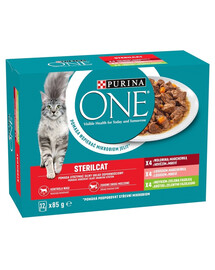 PURINA ONE Sterilcat 12x85g s hovädzím mäsom a mrkvou, s lososom a mrkvou, s morčacím mäsom a zelenou fazuľkou, mokré krmivo pre sterilizované mačky