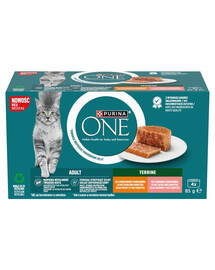 PURINA ONE Adult Terrine 4x85g s kuracím mäsom a mrkvou a s lososom a mrkvou, mokré krmivo pre mačky