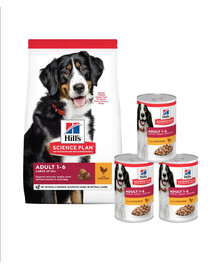 HILL'S Science Plan Canine Adult Large Breed Chicken 18 kg krmivo pre psov veľkých plemien s kuracím mäsom + 3 konzervy ZADARMO