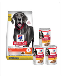 HILL'S Science Plan Canine Adult Large Perfect Digestion Kuracie mäso a hnedá ryža 14 kg krmivo pre zdravé trávenie veľkých psov + 3 konzervy ZADARMO