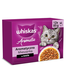 WHISKAS Adult Aromatic Mixed 12x85g vrecúšok kompletné mokré krmivo pre dospelé mačky, kúsky v omáčke s: glazovaným bravčovým mäsom a mrkvou, šťavnatým kuracím mäsom, kúskami morských rýb vo vývare, jemným lososom a hráškom