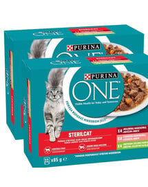PURINA ONE Sterilcat 24x85g s hovädzinou a mrkvou, s lososom a mrkvou, s moriakom a zelenou fazuľkou, mokrá strava pre mačky po sterilizácii