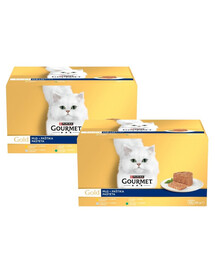 GOURMET Gold Mus 96x85g s kuracím mäsom, tuniakom, morčacím mäsom a králikom, mokrá strava pre mačky