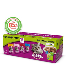 WHISKAS Adult 4 x 40x85g krmivo pre mačky v želé s príchuťou ryby a tradičných chutí (s kuracím mäsom, lososom, hovädzím mäsom a tuniakom) 3+1 ZADARMO