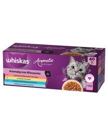 WHISKAS Adult Aromatická zmes 4 x 40x85 g vrecká - kompletné krmivo pre dospelé mačky v omáčke s kúskami glazovaného bravčového mäsa a mrkvy, šťavnatým kuracím mäsom, s kúskami morských rýb vo vývare, jemným lososom a hráškom 3+Zadarmo
