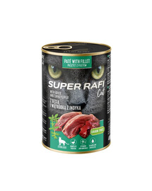 SUPER RAFI Cat s husacou a morčacou pečeňou 400g mokré krmivo pre sterilizované mačky