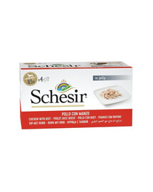 SCHESIR Kuracie s hovädzím mäsom v želé 4x85 g mokré krmivo pre psov