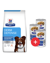 HILL'S Prescription Diet Canine Derm Defense 12 kg pre psov s alergiou + 3 konzervy ZADARMO