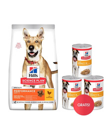 HILL'S Canine Adult 1+ Performance 14 kg kuracieho mäsa pre aktívnych psov + 3 konzervy mokrého krmiva HILL's ZADARMO