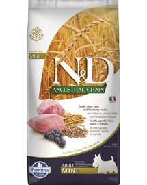 FARMINA N&D Ancestral Grain jahňacie a čučoriedkové krmivo pre dospelých psov malých plemien 7 kg + FARMINA N&D Quinoa Dental Treat Flatulence Mini 60 g (7 ks) ZADARMO!