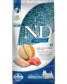 FARMINA N&D Ocean Dog Adult Mini losos, treska a melón cantaloupe 7 kg losos, treska, melón + FARMINA N&D Tropical Selection Dental Treat Pork Mini 60 g (7 ks) ZADARMO!