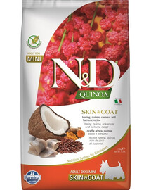 FARMINA N&D Quinoa Dog Skin&Coat Adult Mini sleď, kokos 2,5 kg sleď a kokos + FARMINA N&D Quinoa Dental Treat Skin Coat Herring Mini 60 g (7 ks) ZADARMO!