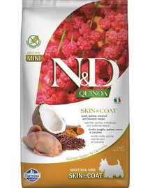 FARMINA N&D Quinoa Dog Skin&Coat Adult Mini Quail, kokos 2,5 kg pre malé plemená psov s prepelicou + FARMINA N&D Quinoa Dental Treat Skin Coat Quail Mini 60 g ZADARMO!
