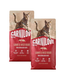 CARNILOVE Active Cat Lamb and Wild Boar Sterilised 2x6 kg jahňacie a mäso z diviaka, pre sterilizované mačky