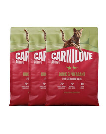 CARNILOVE Active Cat Duck and Pheasant Sterilised 3x2 kg kačica a bažant, pre mačky po sterilizácii