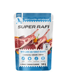 SUPER RAFI s jahňacím mäsom a srdcami z moriaka 500 g krmivo pre psov