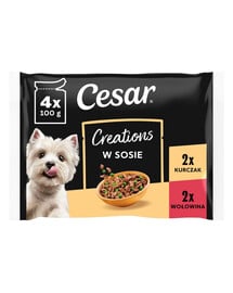 CESAR Creations Kurča s hráškom a Hovädzina s mrkvou v omáčke 4×100 g krmivo pre dospelých psov