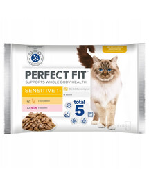 PERFECT FIT Sensitive 1+ 4x85 g s kuracím mäsom a lososom v omáčke pre citlivé mačky