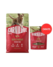 CARNILOVE Active Dog Duck and Pheasant Adult 4 kg kačica a bažant pre psov + CARNILOVE Dog Soft Snack Duck 200g GRATIS