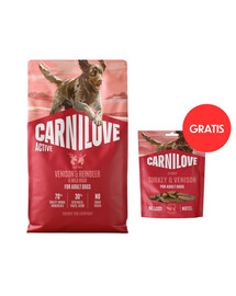 CARNILOVE Active Dog Venision and Reindeer Adult 4 kg zverina, soby a diviaky pre psov + CARNILOVE Dog Jerky Turkey with Venision 100g GRATIS